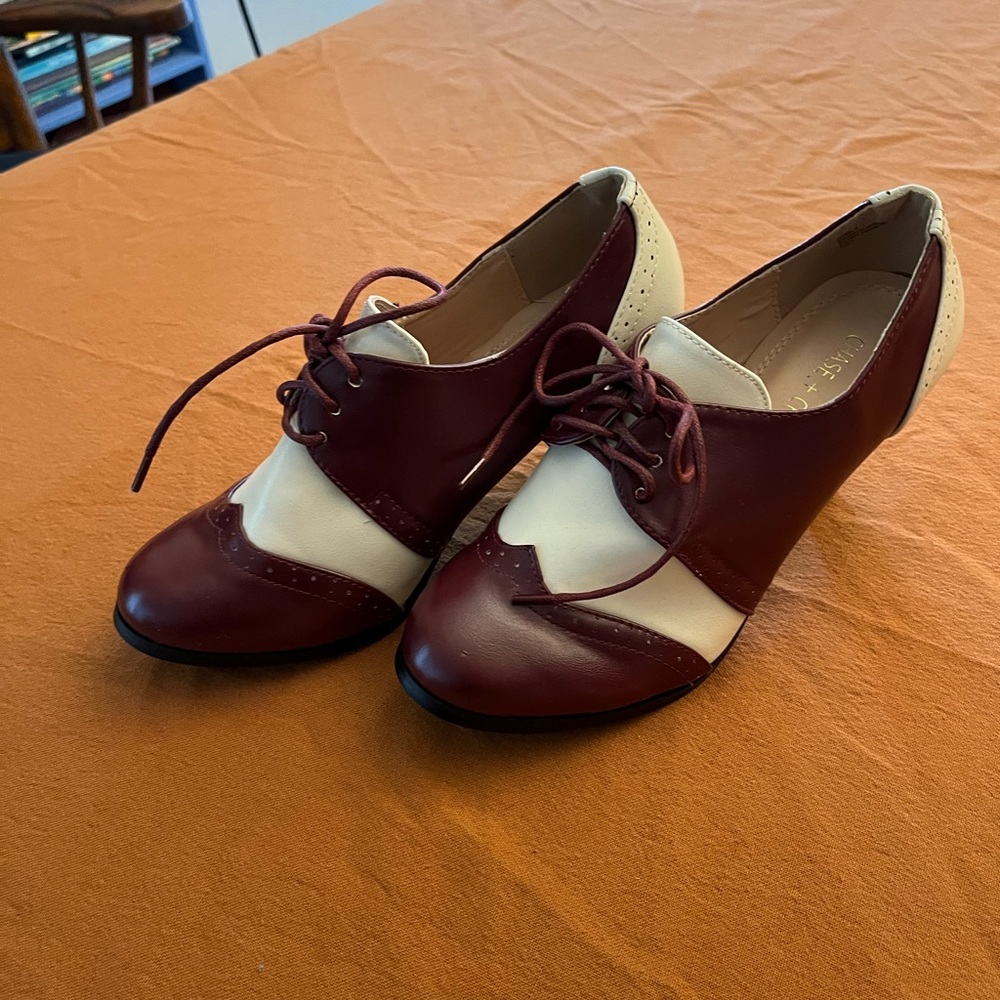 Burgundy and White Oxford Heels